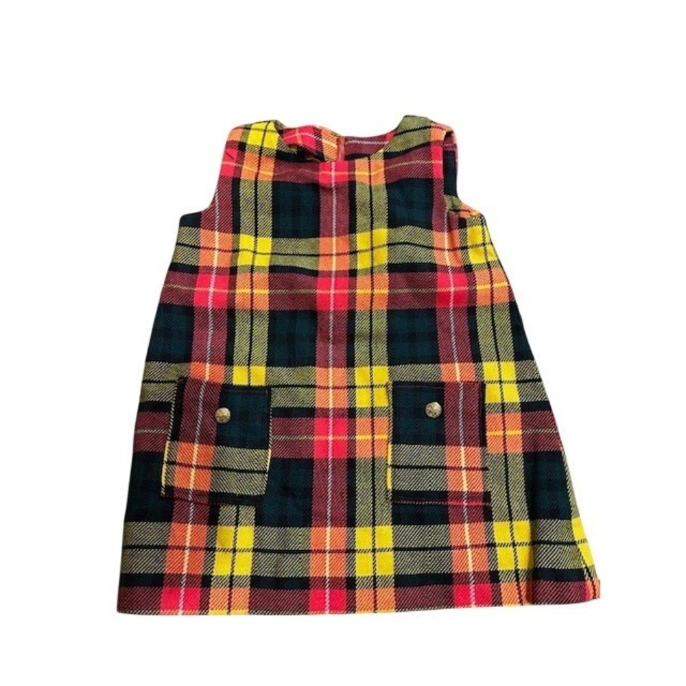 Vintage 1960s Girls Plaid Shift Dress Sleeveless Pockets Red Yellow‎ Handmade 4T